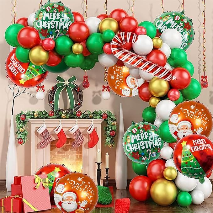 9 PCS Christmas Balloons Set Green Red Brown Round Foil Ball Party Decorations