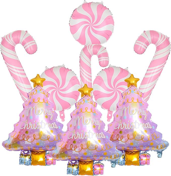 9 PCS Christmas Balloons Set Pink Tree Candy Cane Foil Balloons Party Decor
