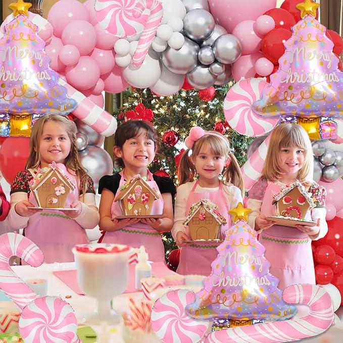9 PCS Christmas Balloons Set Pink Tree Candy Cane Foil Balloons Party Decor