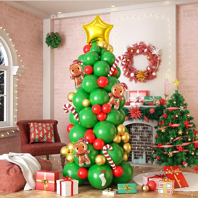 Christmas Arch Kit Green Red Tree Balloons with Gold Stars Candy Cane Party Decor