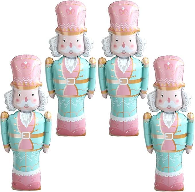 4 PCS Christmas Nutcracker Foil Balloons Set Pink Mint Green Large Party Decor