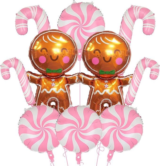 10 PCS Gingerbread Balloons Set Candy Cane Foil Balloons Pink Christmas Decor