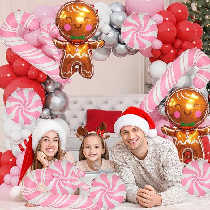 10 PCS Gingerbread Balloons Set Candy Cane Foil Balloons Pink Christmas Decor