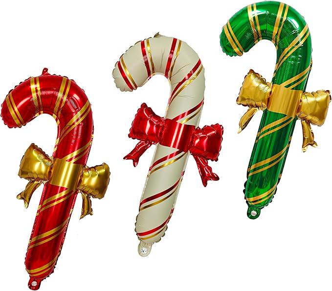 3 PCS Christmas Balloons Set Bow Candy Cane Santa Claus Foil Party Decorations
