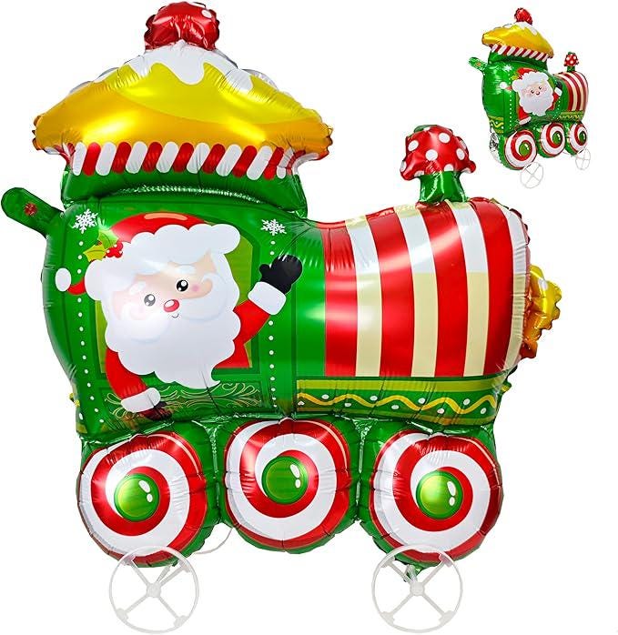 Self Standing Christmas Train Balloon Green Red Foil Balloon Holiday Party Decor
