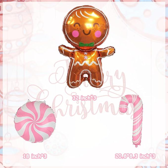 32 Inch Gingerbread Balloons Set Candy Cane Foil Balloons Pink Christmas Decor