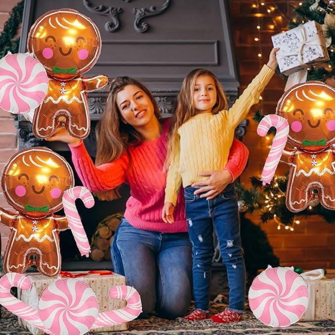 32 Inch Gingerbread Balloons Set Candy Cane Foil Balloons Pink Christmas Decor