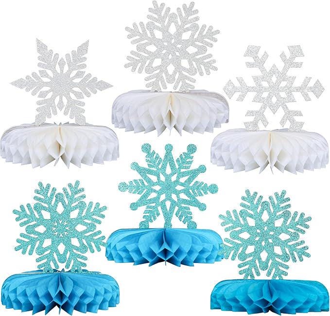 Snowflake Honeycomb Table Centerpieces 6pcs Blue Silver Decorations for Winter Party
