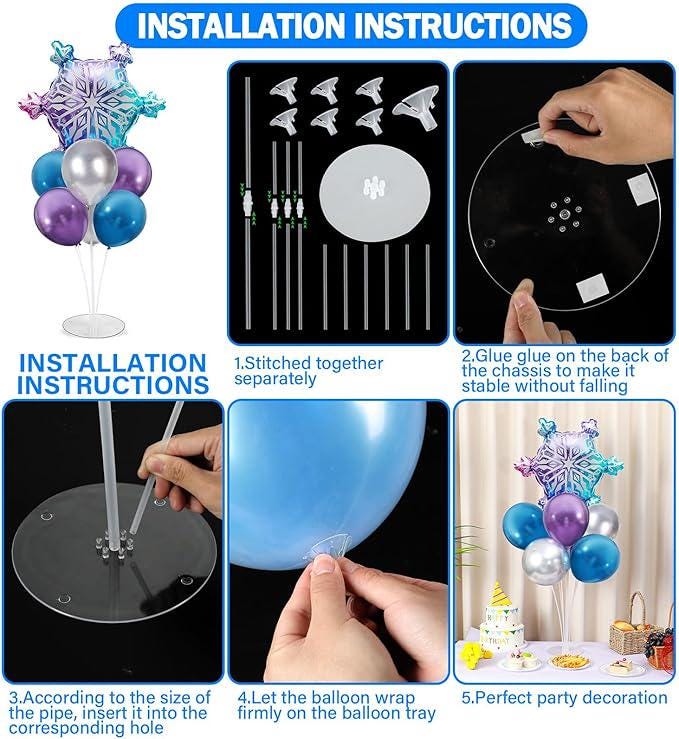 Snow Party Balloon Stand Kit 4 Sets Purple Blue Silver Table Centerpieces for Party