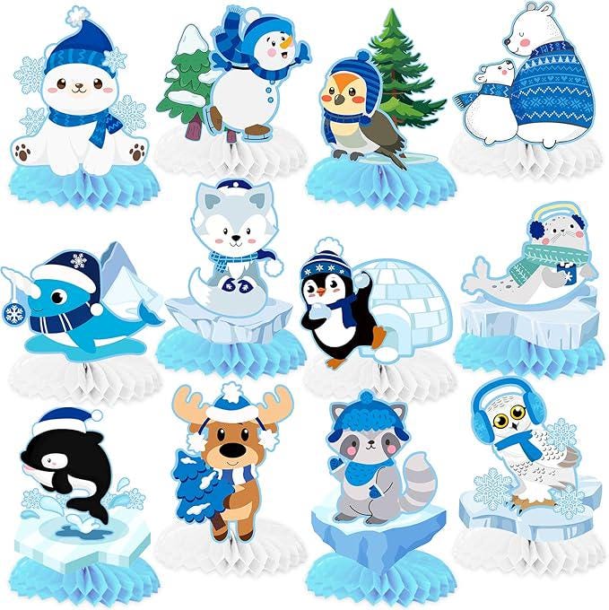 Winter Arctic Animal Table Centerpieces 12pcs Honeycomb Decorations for Birthday Party