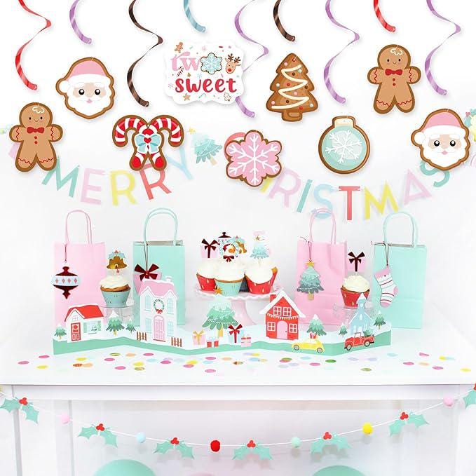 Pink Christmas Gingerbread 2nd Birthday Hanging Swirl Decor 20pcs Snowflake Candy Streamers