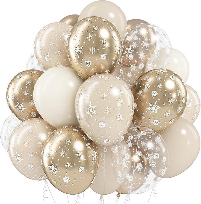 Snowflake Winter Wonderland Balloon Set Beige Gold White Neutral Boho Party Decorations