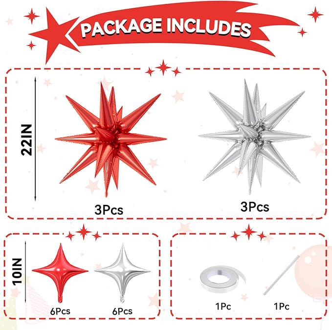 18-Pc Red & Silver Star Balloons with 22" and 10" Foil Balloons for Parties
