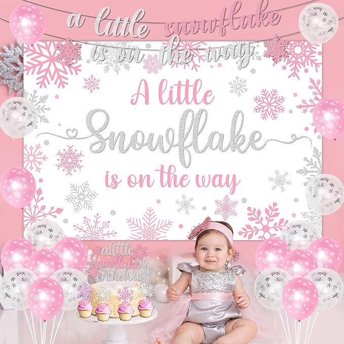 Winter Baby Shower Banner and Pink Silver Snowflake Decorations for Girls
