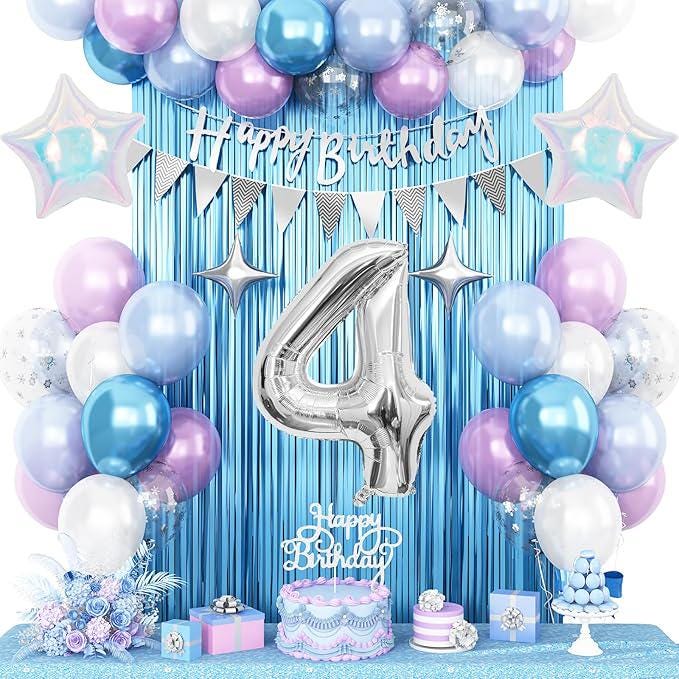 4th Snow Birthday Decorations for Girls with Blue Purple Balloons and Banner