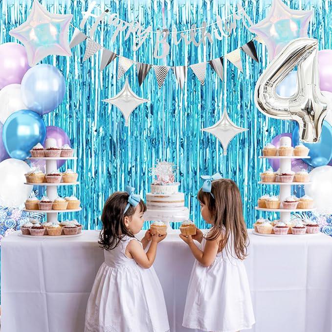 4th Snow Birthday Decorations for Girls with Blue Purple Balloons and Banner