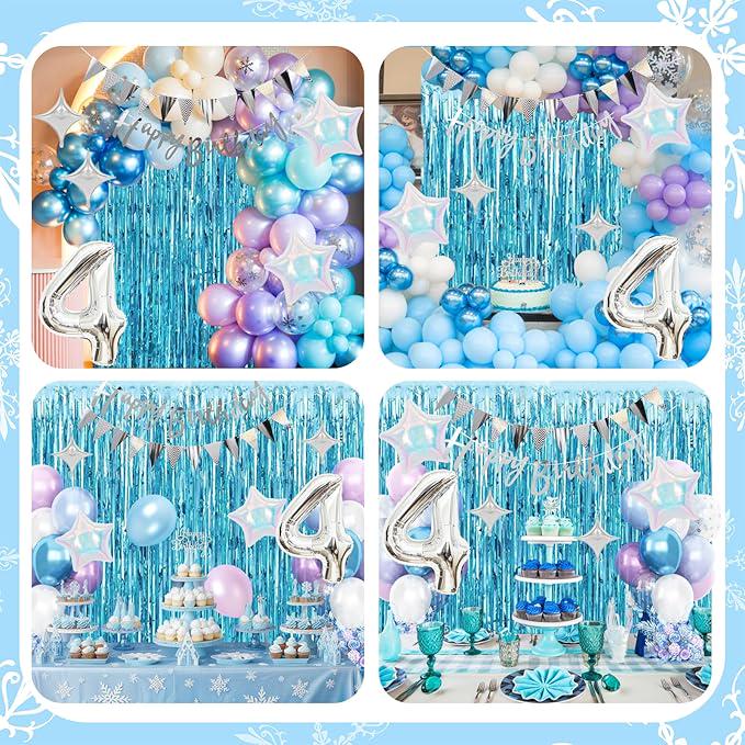 4th Snow Birthday Decorations for Girls with Blue Purple Balloons and Banner