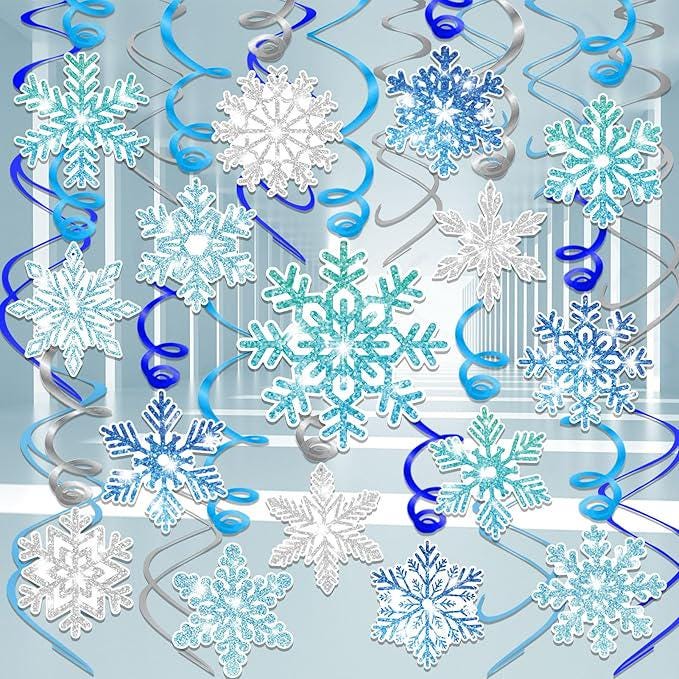 30Pcs Winter Snowflake Hanging Swirl Decorations for Birthday Baby Shower Party