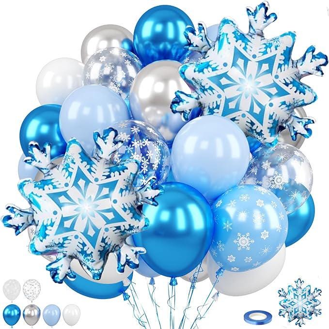 12 Inch Snowflake Balloons in Blue Silver White for Winter Birthday and Baby Shower