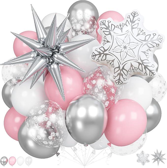 Pink Winter Wonderland Balloons 18 Inch Silver White for Christmas Baby Shower Party