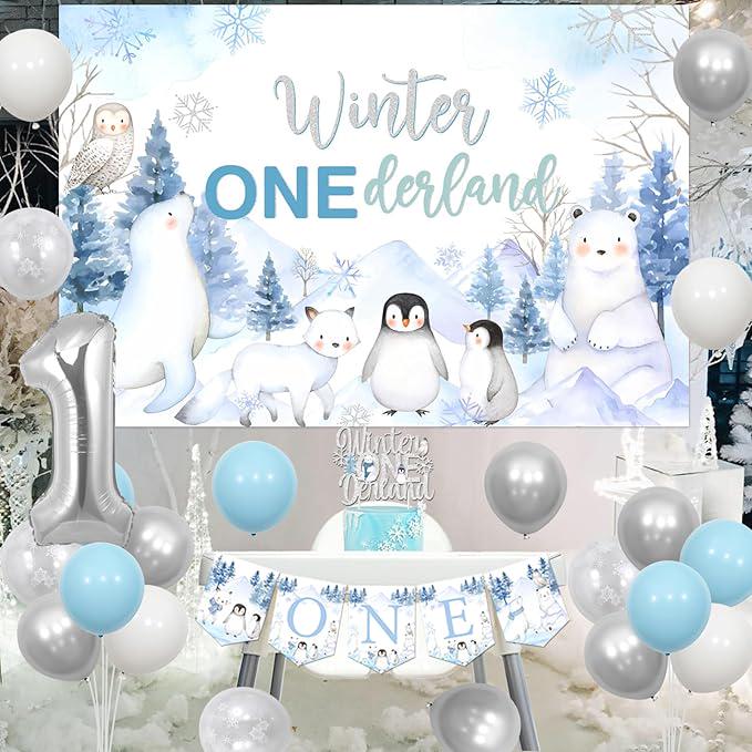 Winter Onederland 1st Birthday Decorations with Polar Animals Blue Silver Balloons and Banner