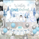 Winter Onederland 1st Birthday Decorations with Polar Animals Blue Silver Balloons and Banner