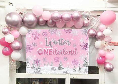 Winter Onederland Backdrop Pink Silver Snowflakes for Girls 1st Birthday Party Photos
