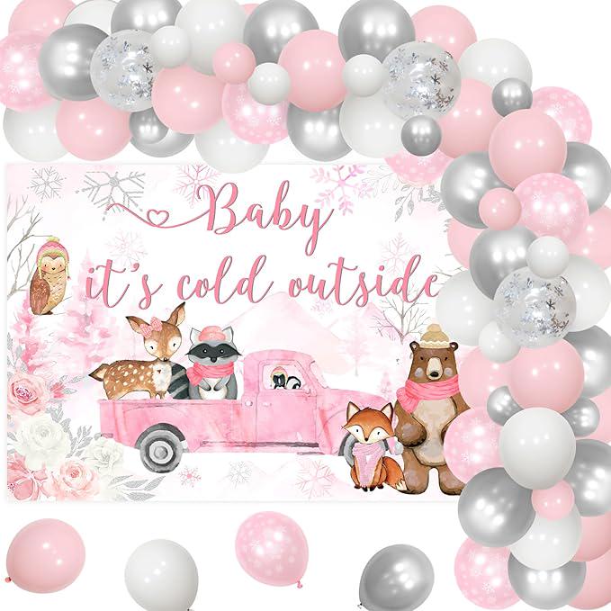 Winter Woodland Baby Shower Decorations with Pink White Silver Balloon Arch and Forest Theme