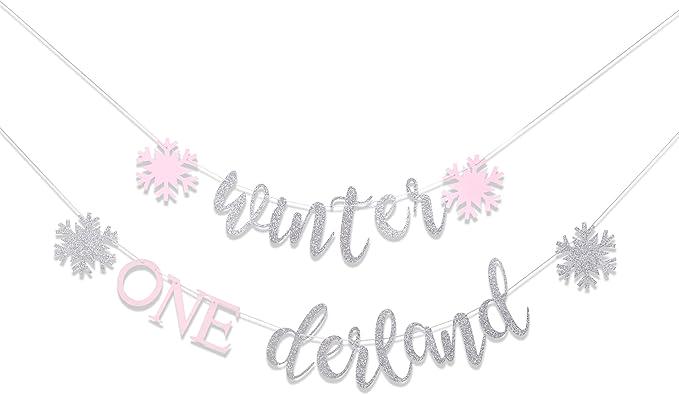 Winter Onederland Banner Pink Silver Snowflake Decoration for Winter Wonderland Party