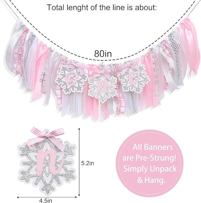 Winter Onederland High Chair Banner Pink Snowflake for Girl's 1st Birthday Party