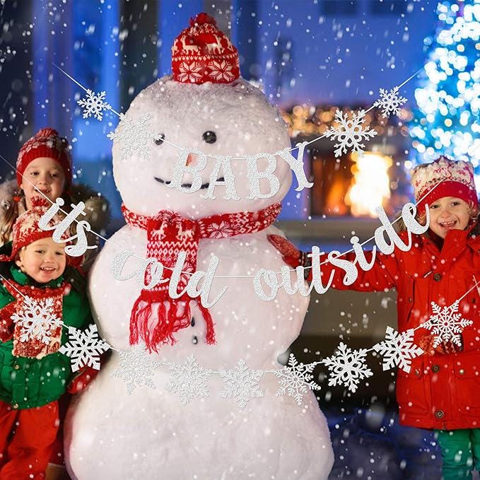 Silver "Baby It's Cold Outside" Snowflake Banner for Winter Wonderland Baby Shower