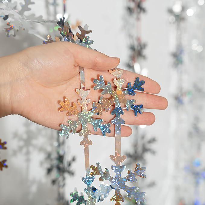 2pcs Iridescent Silver Snowflake Tinsel Backdrop Curtains for Winter Wonderland Party