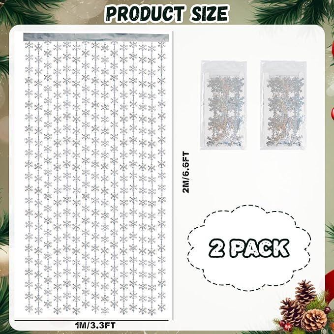 2pcs Iridescent Silver Snowflake Tinsel Backdrop Curtains for Winter Wonderland Party