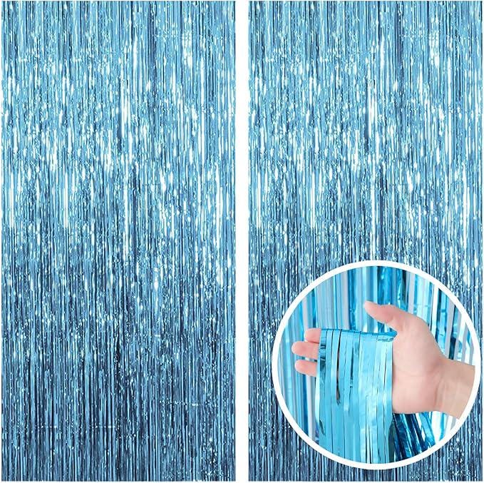 Blue Tinsel Backdrop Curtains 2 Pack Ocean Party Decorations for Birthday & Shower