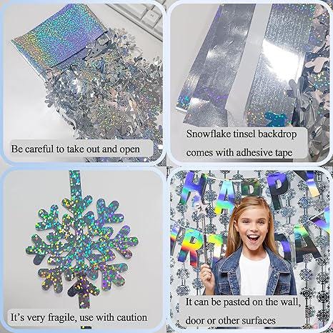 Silver Snowflake Fringe Backdrop 2 Pack Winter Party Streamers 3.2x6.5ft