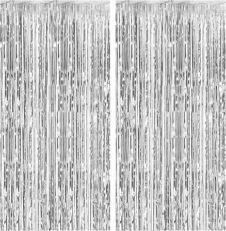 Silver Tinsel Fringe Backdrop 2 Pack Metallic Foil Curtains for Party Decor