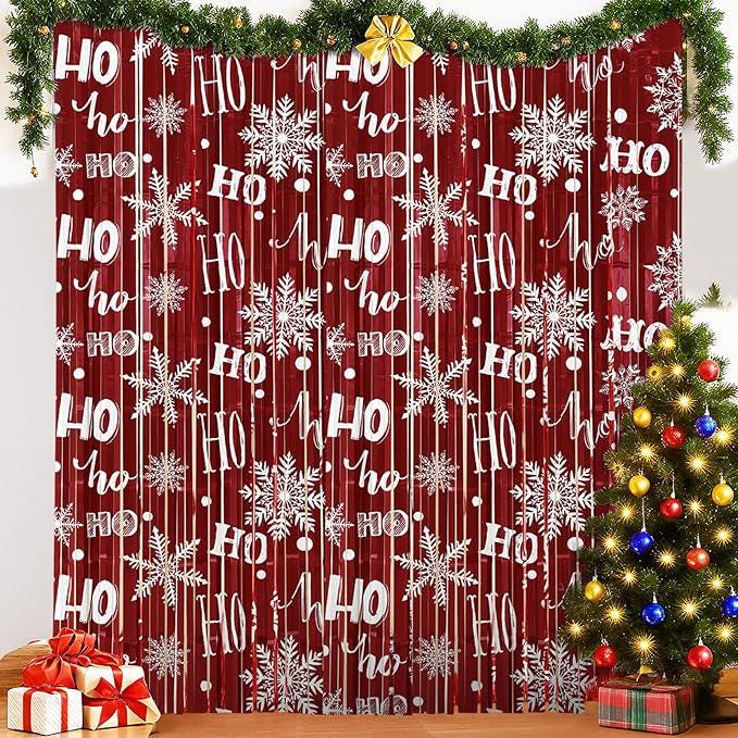 Christmas Snowflake Tinsel Backdrop 4 Pack 3.3x6.6ft Red & White Party Decor