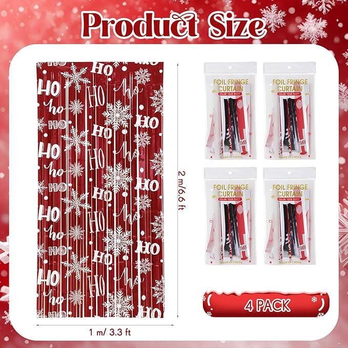 Christmas Snowflake Tinsel Backdrop 4 Pack 3.3x6.6ft Red & White Party Decor