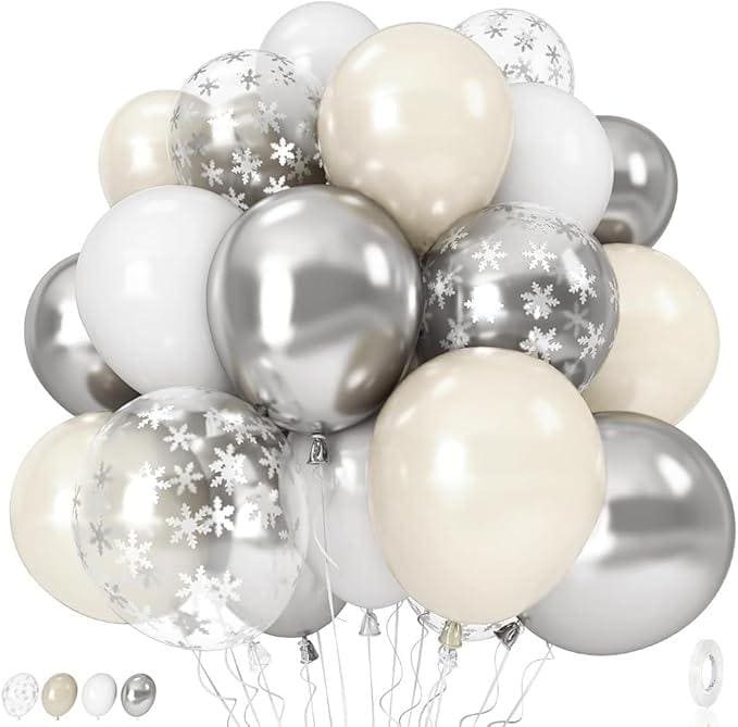 Pearl White & Silver Snowflake Balloons 12-Inch for Winter, Wedding and Xmas Parties