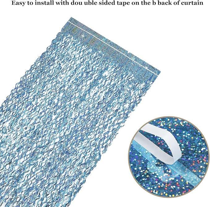 Blue Tinsel Fringe Backdrop 3 Pack 3.3x6.6ft Baby Shower & Underwater Party Decor