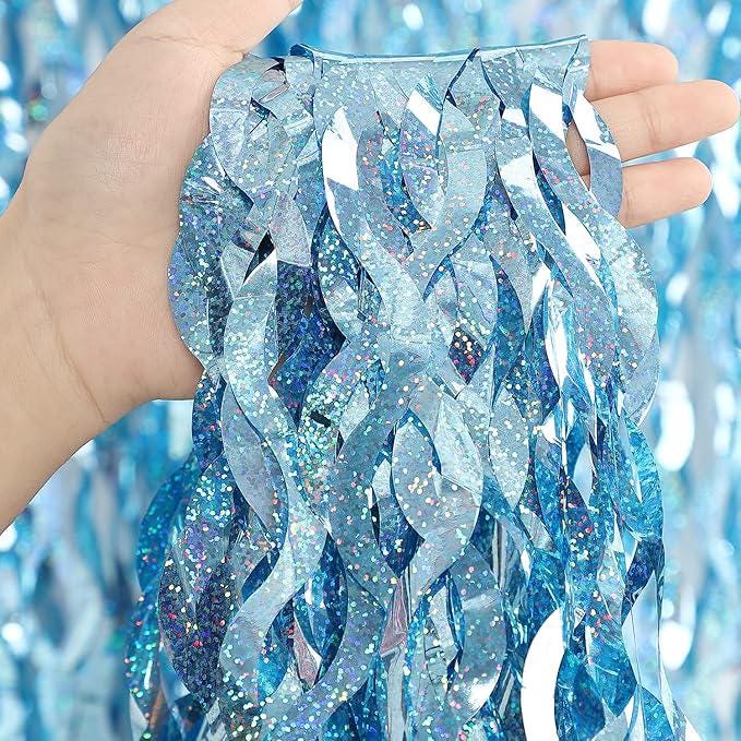 Blue Tinsel Fringe Backdrop 3 Pack 3.3x6.6ft Baby Shower & Underwater Party Decor