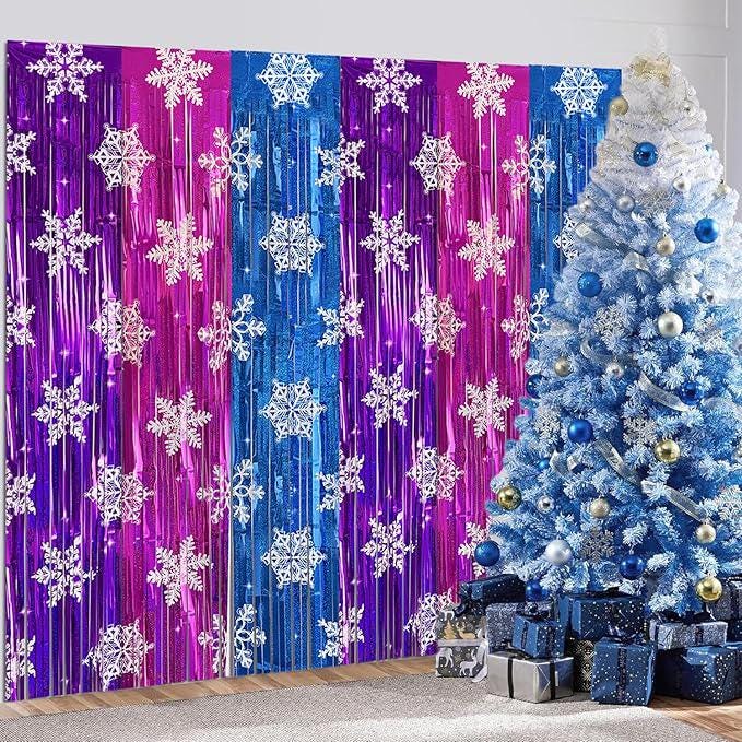 Ice Princess Snowflake Tinsel Backdrop 2 Pack 3.2x6.6ft Winter Party Decor