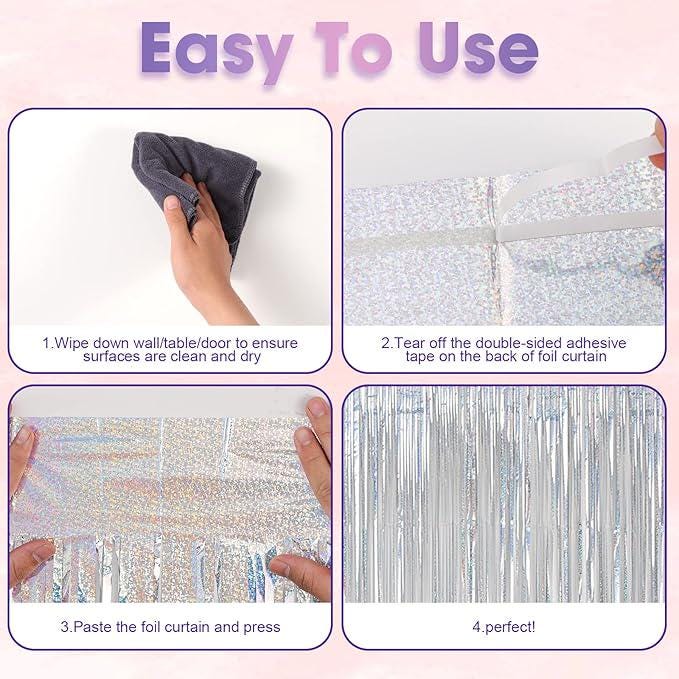 Laser Silver Tinsel Backdrop 4 Pack Foil Fringe Curtains for Party Decor