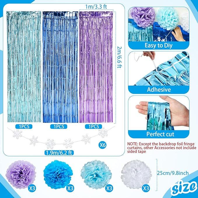 Blue Purple Snowflake Party Decorations 21PCS Tinsel Backdrop & Pom Pom Set