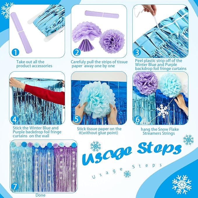 Blue Purple Snowflake Party Decorations 21PCS Tinsel Backdrop & Pom Pom Set
