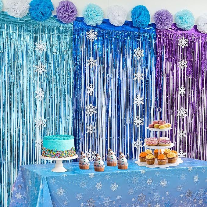 Blue Purple Snowflake Party Decorations 21PCS Tinsel Backdrop & Pom Pom Set