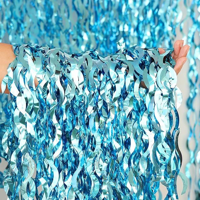 Wavy Blue Tinsel Backdrop 2 Pack 3.2x6.5ft Ocean Theme Party Decor