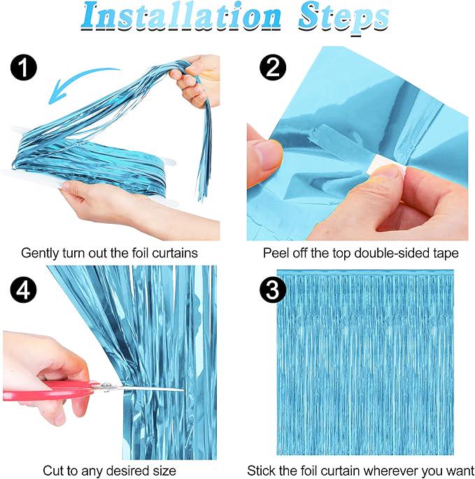 Sky Blue Tinsel Backdrop 12 Pack 3.3x7ft Metallic Fringe Curtains for Party Decor