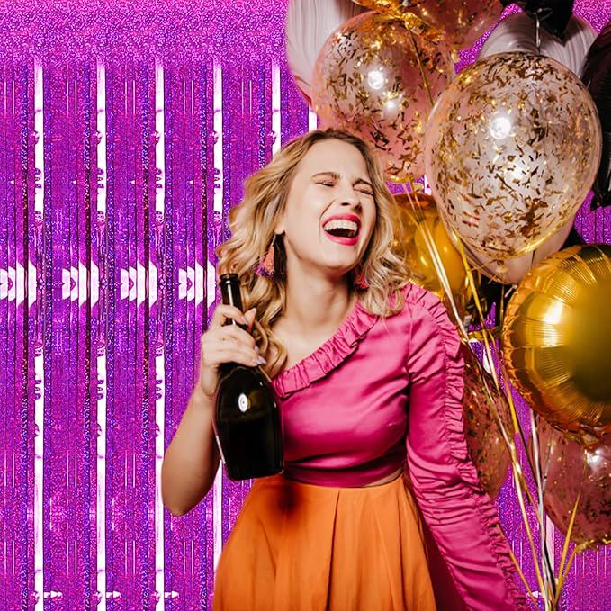 Hot Pink Tinsel Backdrop 2 Pack 3.2x8.2ft Foil Fringe Curtains for Party Decor