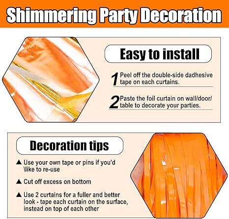 Orange Tinsel Backdrop 3 Pack 3.3x8.2ft Foil Fringe Curtains for Party Decor